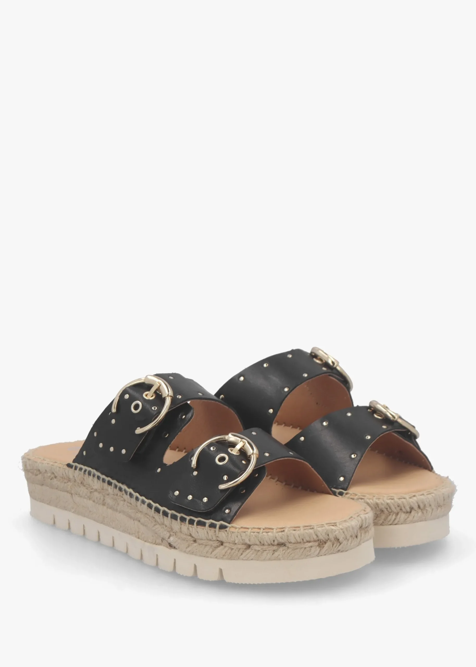 Jools Black Leather Studded Flatform Espadrille Mules
