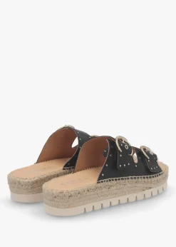 Jools Black Leather Studded Flatform Espadrille Mules