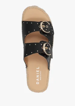 Jools Black Leather Studded Flatform Espadrille Mules