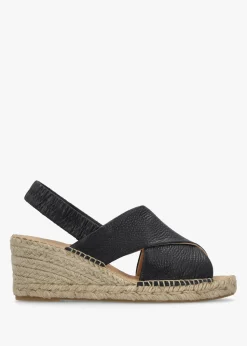 Jossy Black Leather Cross Strap Sling Back Wedge Espadrilles