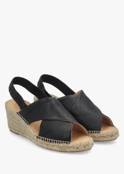 Jossy Black Leather Cross Strap Sling Back Wedge Espadrilles