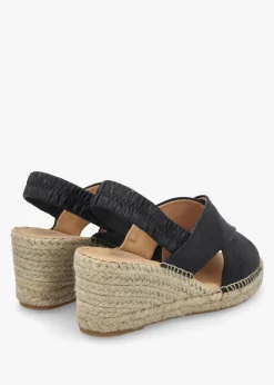 Jossy Black Leather Cross Strap Sling Back Wedge Espadrilles