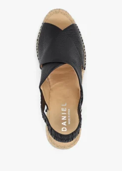Jossy Black Leather Cross Strap Sling Back Wedge Espadrilles