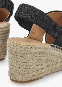 Jossy Black Leather Cross Strap Sling Back Wedge Espadrilles