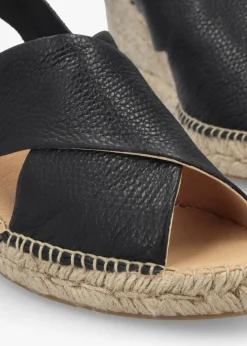 Jossy Black Leather Cross Strap Sling Back Wedge Espadrilles