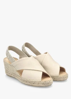 Jossy Cream Leather Cross Strap Sling Back Wedge Espadrilles