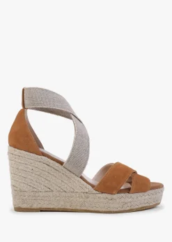 Kamp Tan Suede Elasticated Cross Strap Wedge Espadrilles