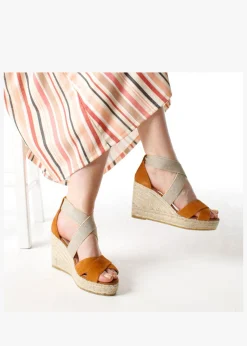 Kamp Tan Suede Elasticated Cross Strap Wedge Espadrilles