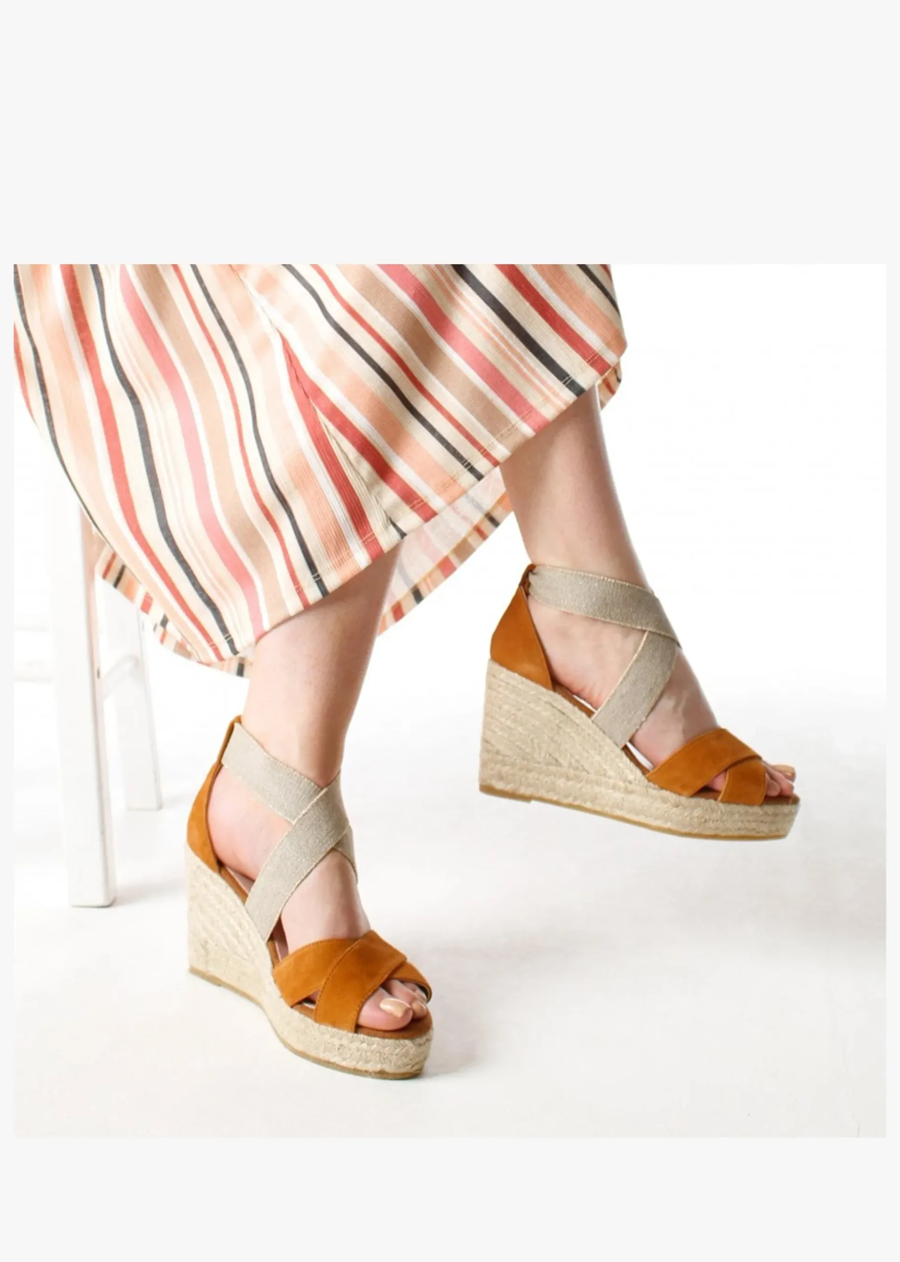 Kamp Tan Suede Elasticated Cross Strap Wedge Espadrilles