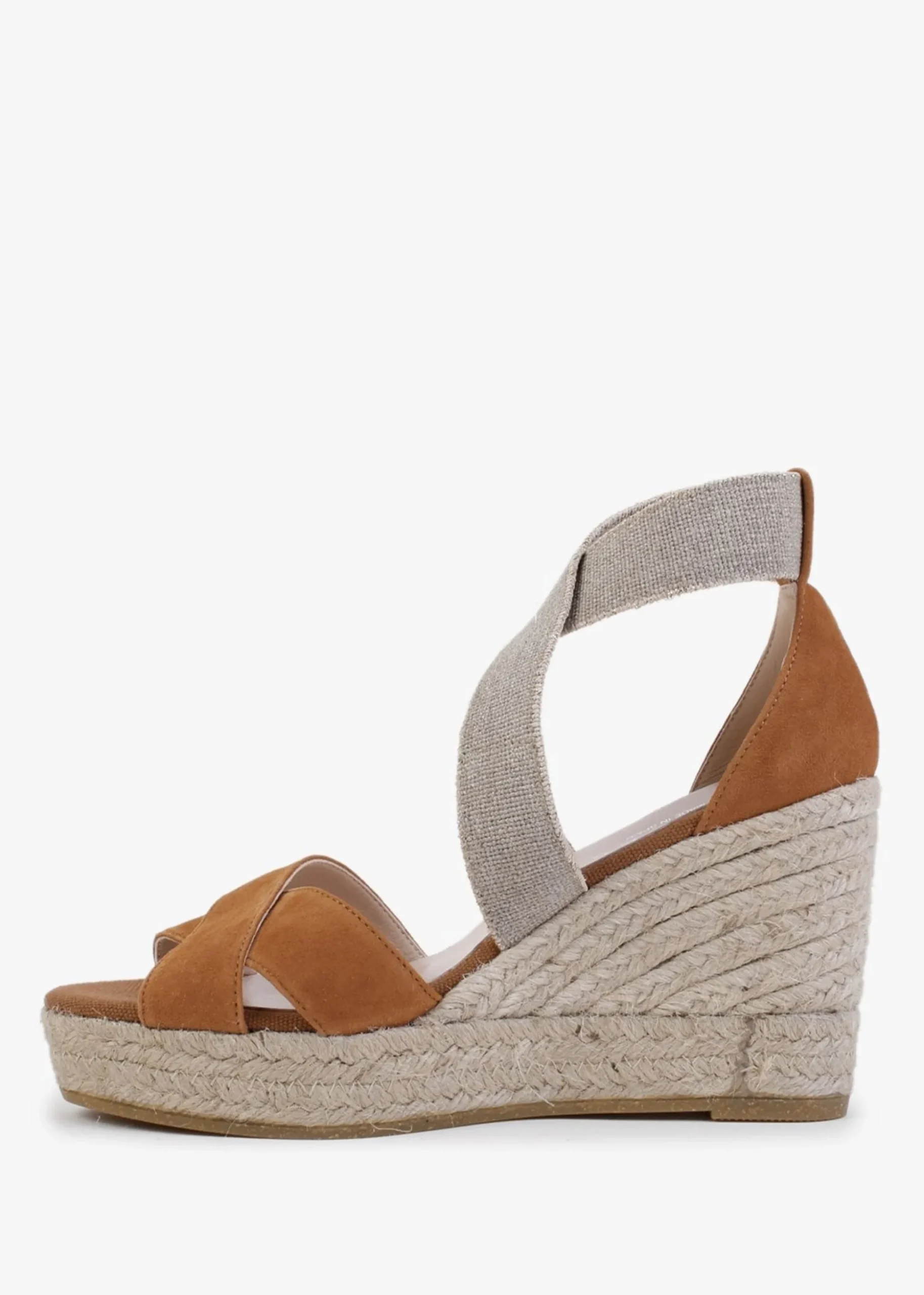 Kamp Tan Suede Elasticated Cross Strap Wedge Espadrilles
