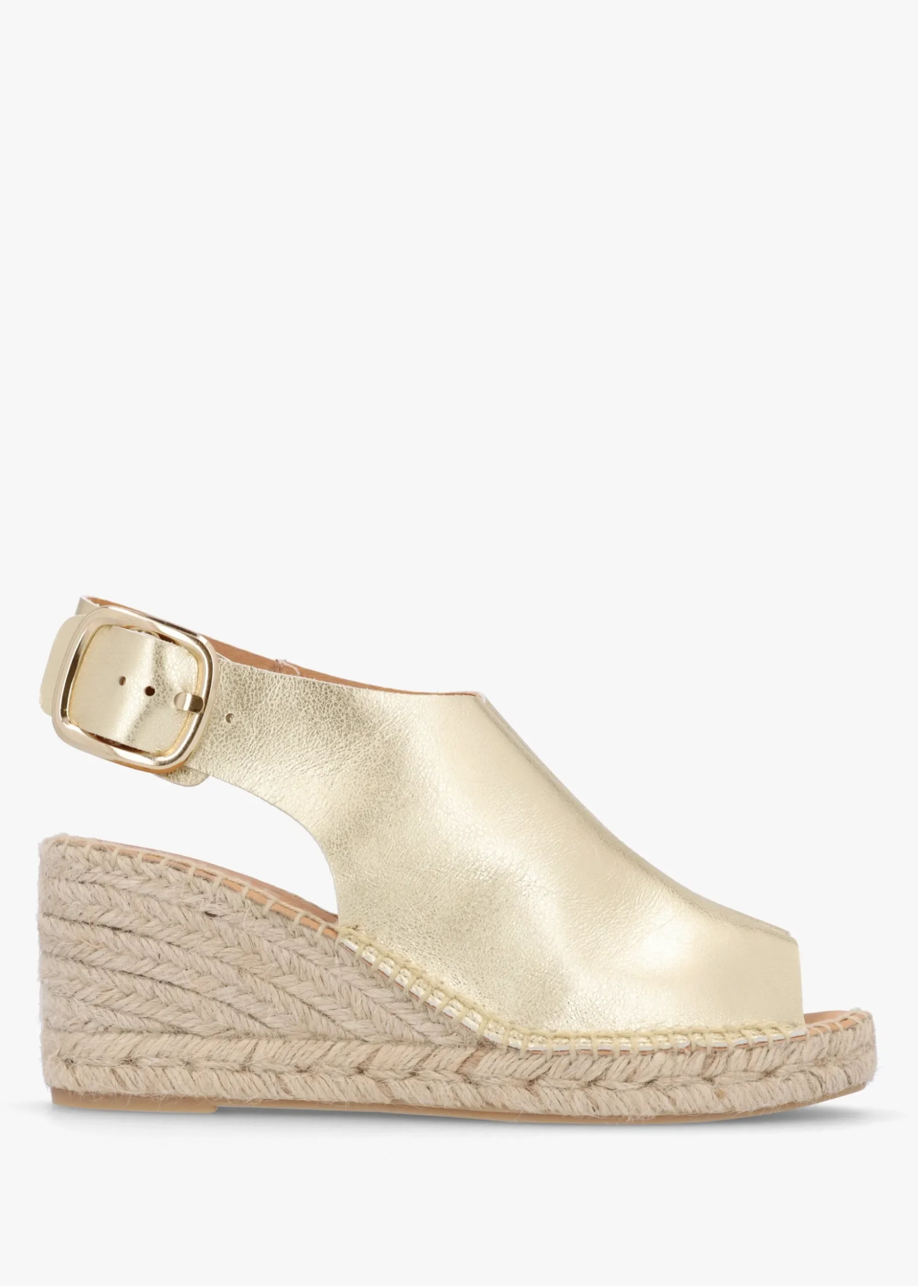 Kathie Gold Leather Peep Toe Sling Back Wedge Espadrilles