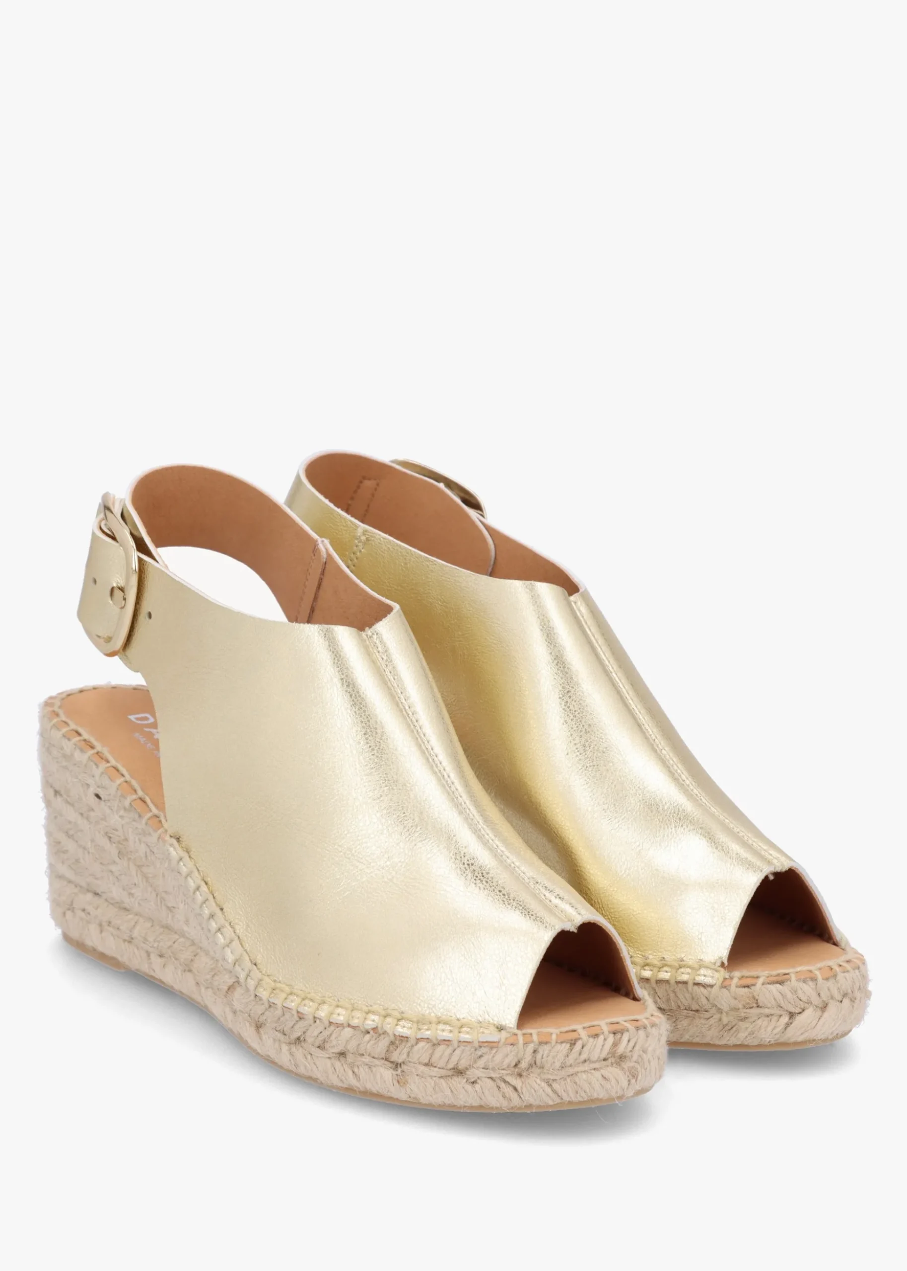 Kathie Gold Leather Peep Toe Sling Back Wedge Espadrilles