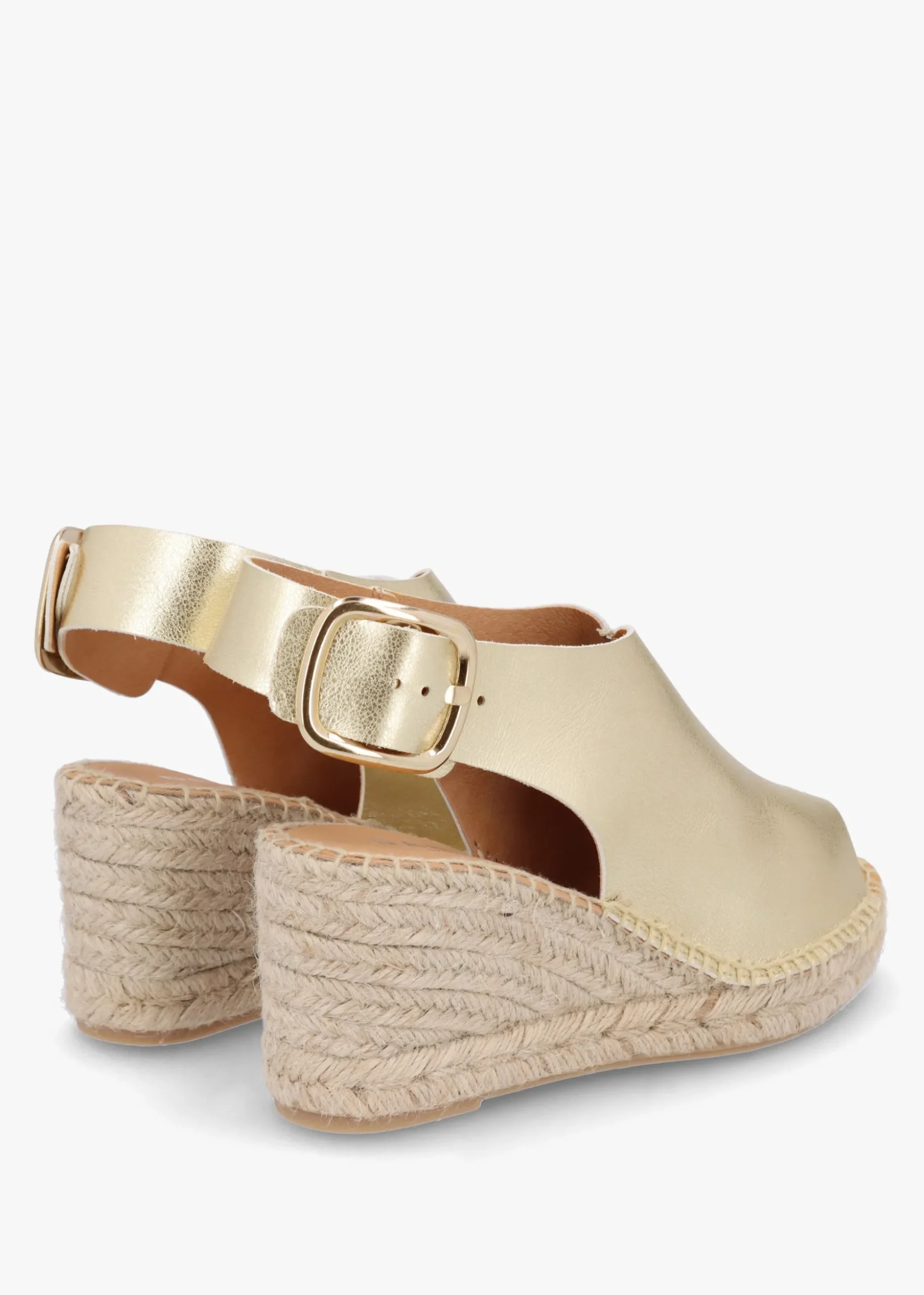 Kathie Gold Leather Peep Toe Sling Back Wedge Espadrilles