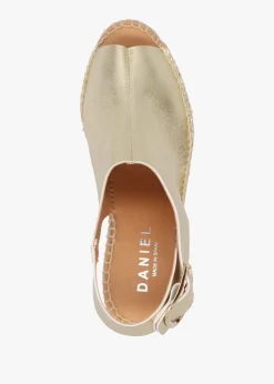 Kathie Gold Leather Peep Toe Sling Back Wedge Espadrilles