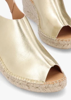 Kathie Gold Leather Peep Toe Sling Back Wedge Espadrilles