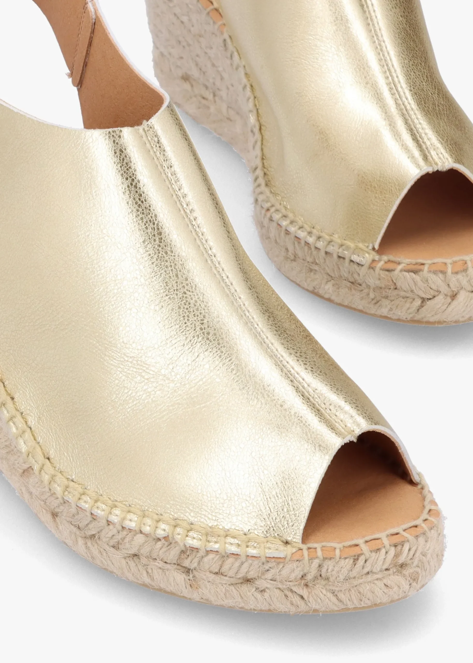 Kathie Gold Leather Peep Toe Sling Back Wedge Espadrilles