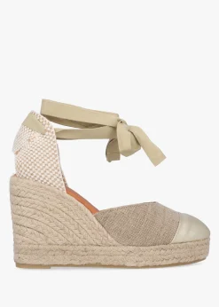 Kendall Beige Textile Gold Leather Toe Cap Wedge Espadrilles