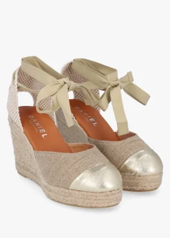 Kendall Beige Textile Gold Leather Toe Cap Wedge Espadrilles