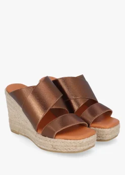 Khloe Bronze Cross Strap Wedge Espadrille Mules