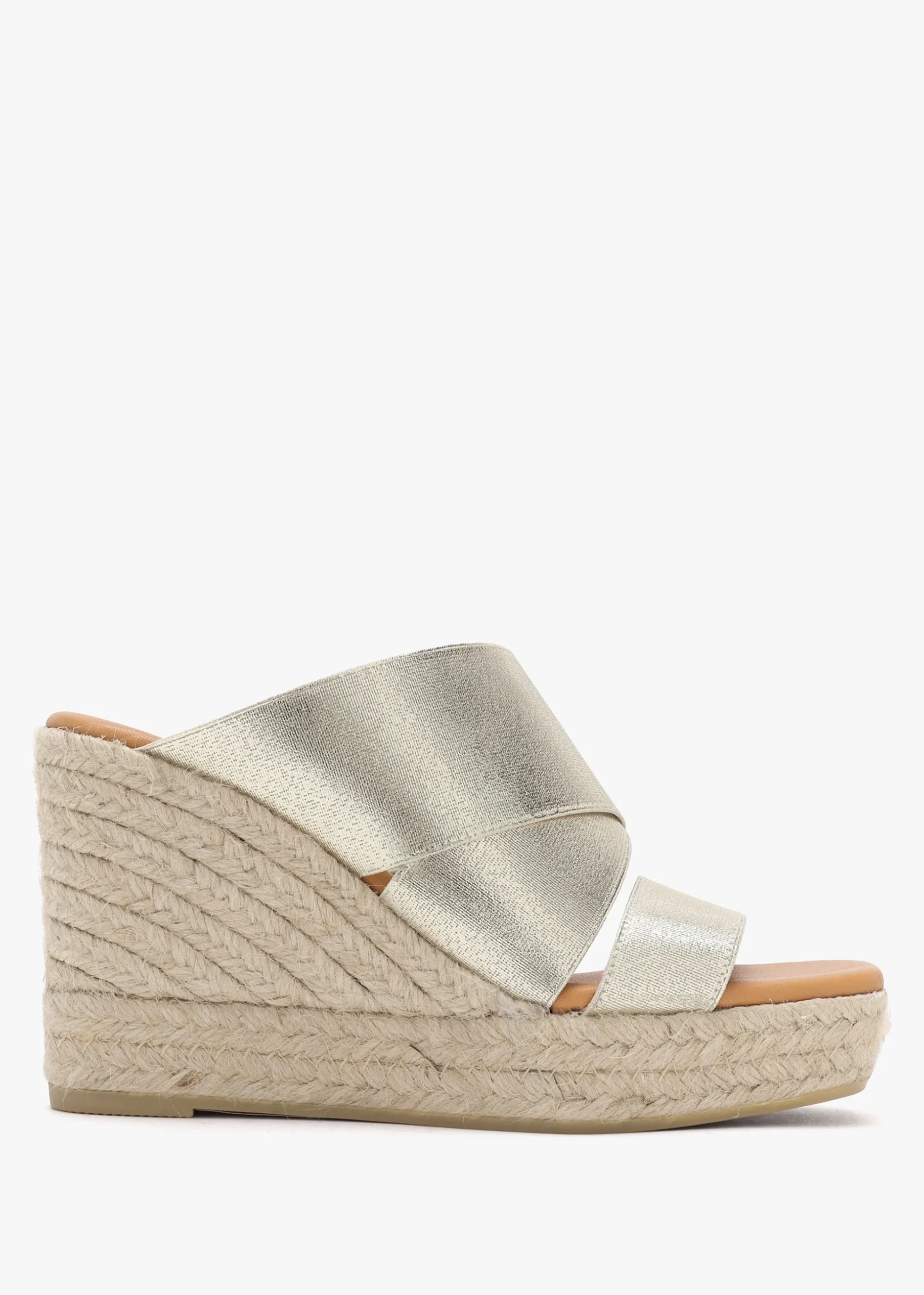 Khloe Gold Cross Strap Wedge Espadrille Mules
