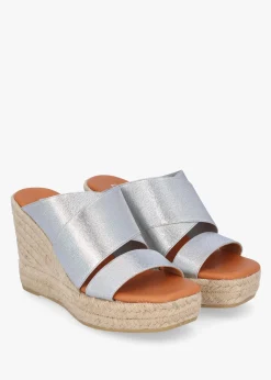 Khloe Silver Cross Strap Wedge Espadrille Mules