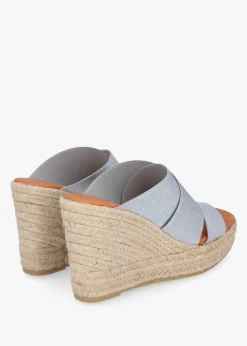 Khloe Silver Cross Strap Wedge Espadrille Mules