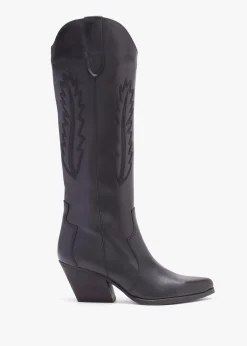 Kubra Black Leather Mid Height Cowboy Boots