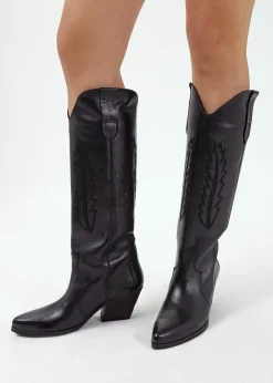 Kubra Black Leather Mid Height Cowboy Boots