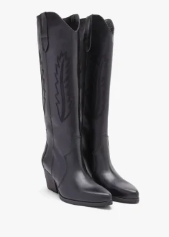 Kubra Black Leather Mid Height Cowboy Boots