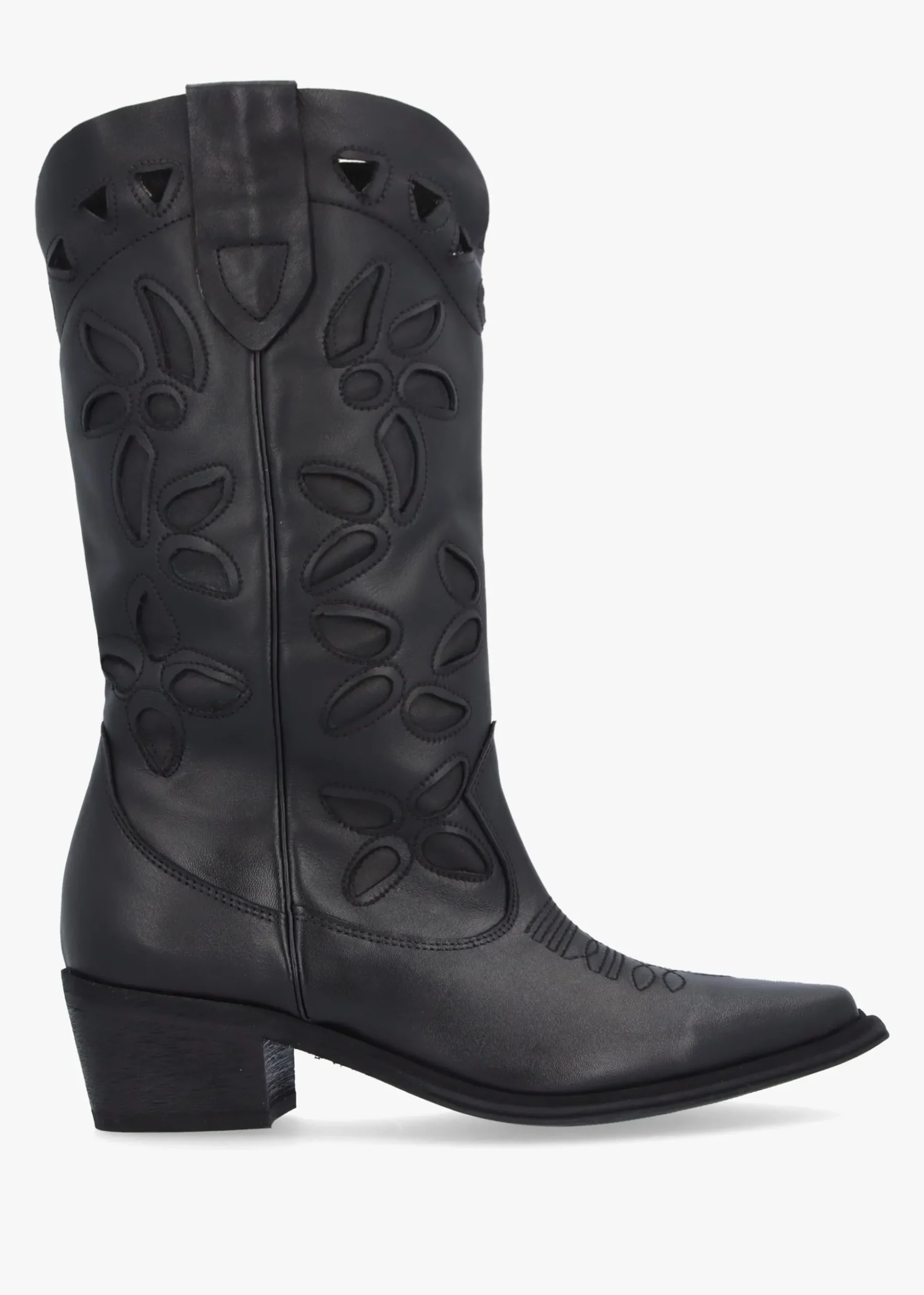 Kubra Cutout Black Leather Calf Height Cowboy Boots