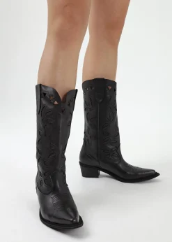 Kubra Cutout Black Leather Calf Height Cowboy Boots