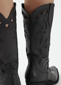 Kubra Cutout Black Leather Calf Height Cowboy Boots