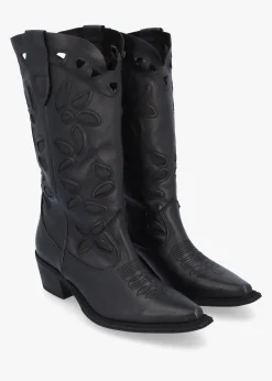 Kubra Cutout Black Leather Calf Height Cowboy Boots