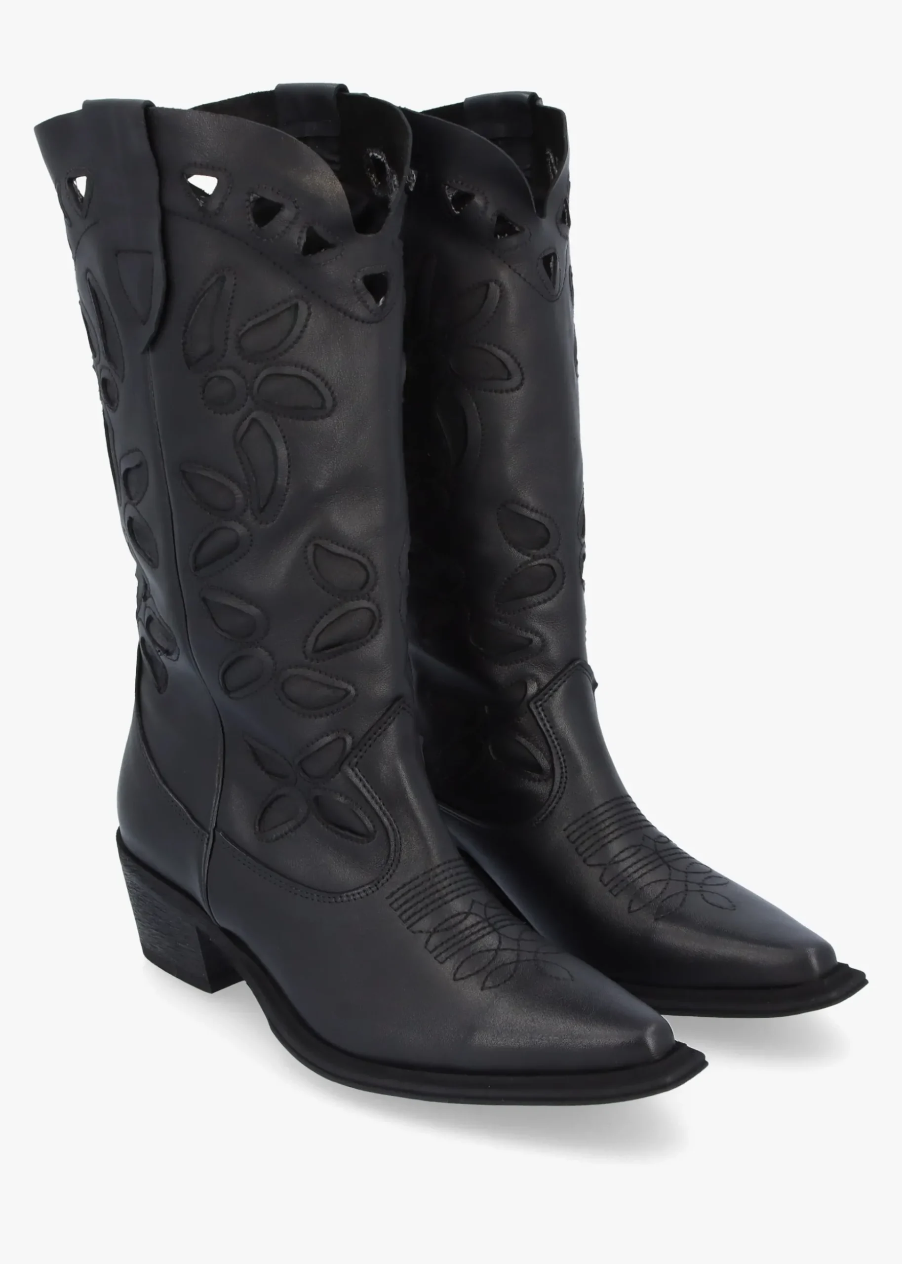 Kubra Cutout Black Leather Calf Height Cowboy Boots