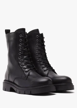 Lacie Black Leather Lace Up Ankle Boots