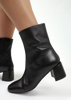 Laney Black Leather Block Heel Ankle Boots