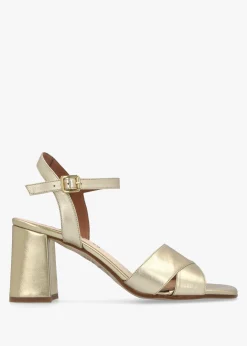 Lare Gold Leather Asymmetric Block Heel Sandals