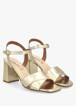 Lare Gold Leather Asymmetric Block Heel Sandals