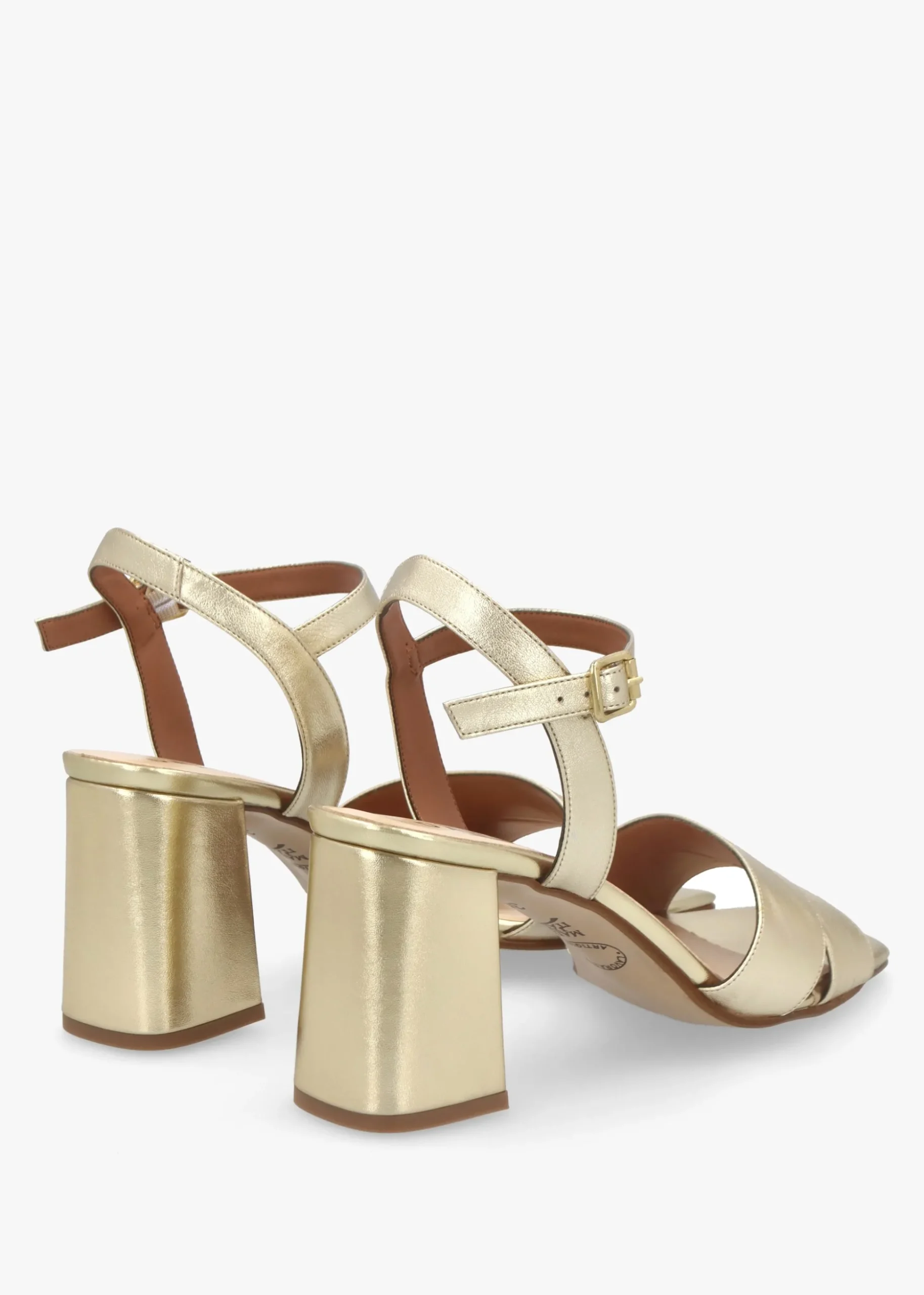 Lare Gold Leather Asymmetric Block Heel Sandals