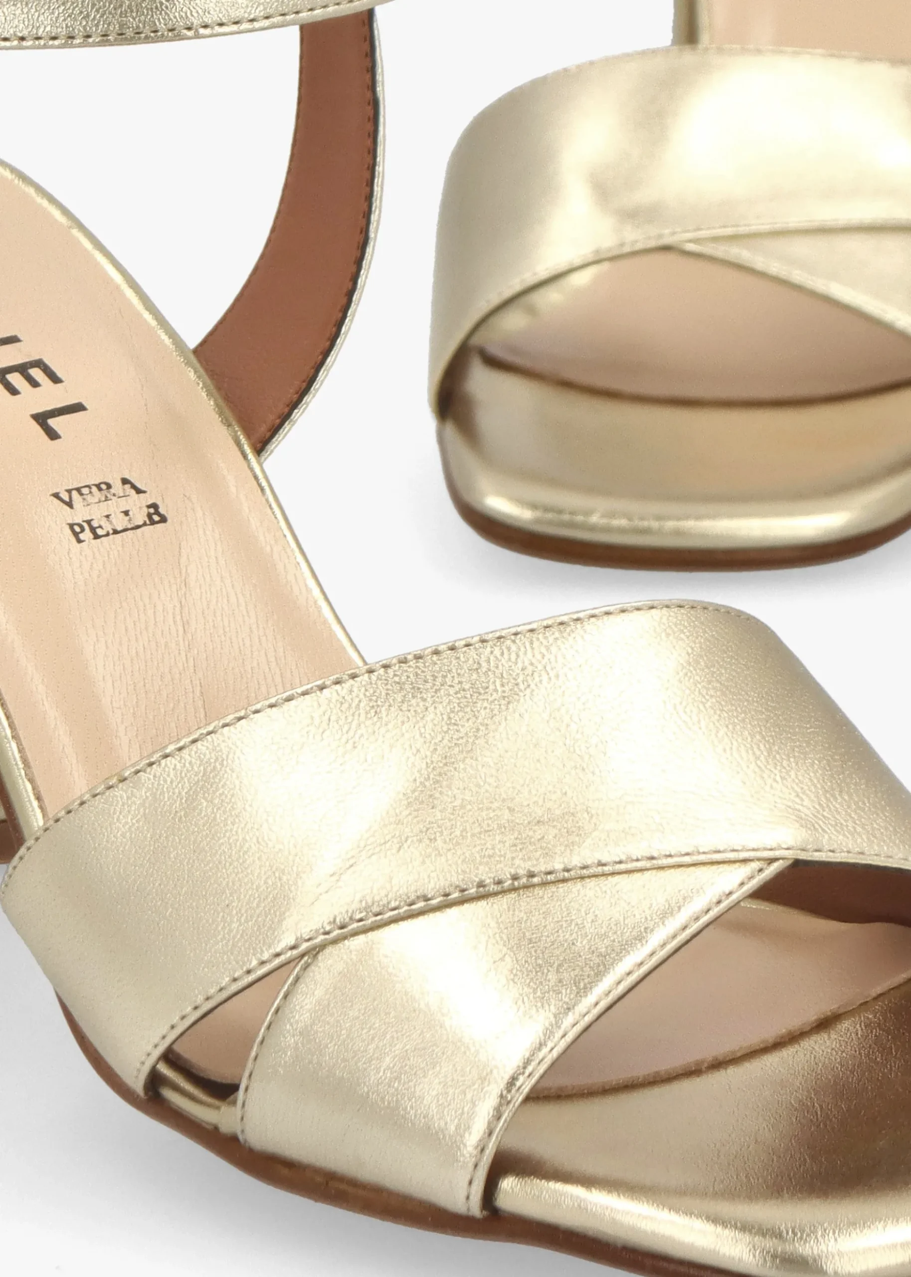 Lare Gold Leather Asymmetric Block Heel Sandals