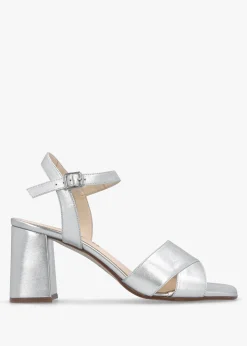 Lare Silver Leather Asymmetric Block Heel Sandals