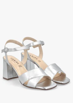 Lare Silver Leather Asymmetric Block Heel Sandals
