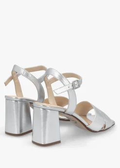 Lare Silver Leather Asymmetric Block Heel Sandals