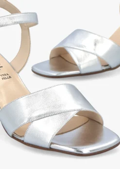 Lare Silver Leather Asymmetric Block Heel Sandals