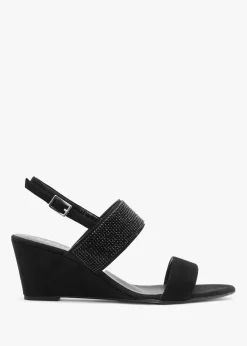 Lia Black Suede Diamante Low Wedge Sandals