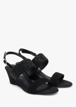 Lia Black Suede Diamante Low Wedge Sandals
