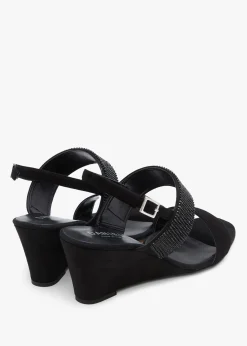 Lia Black Suede Diamante Low Wedge Sandals