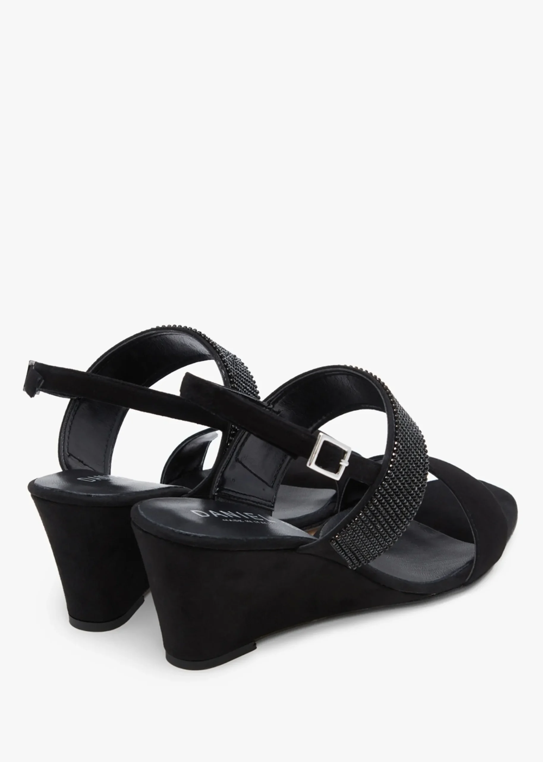 Lia Black Suede Diamante Low Wedge Sandals