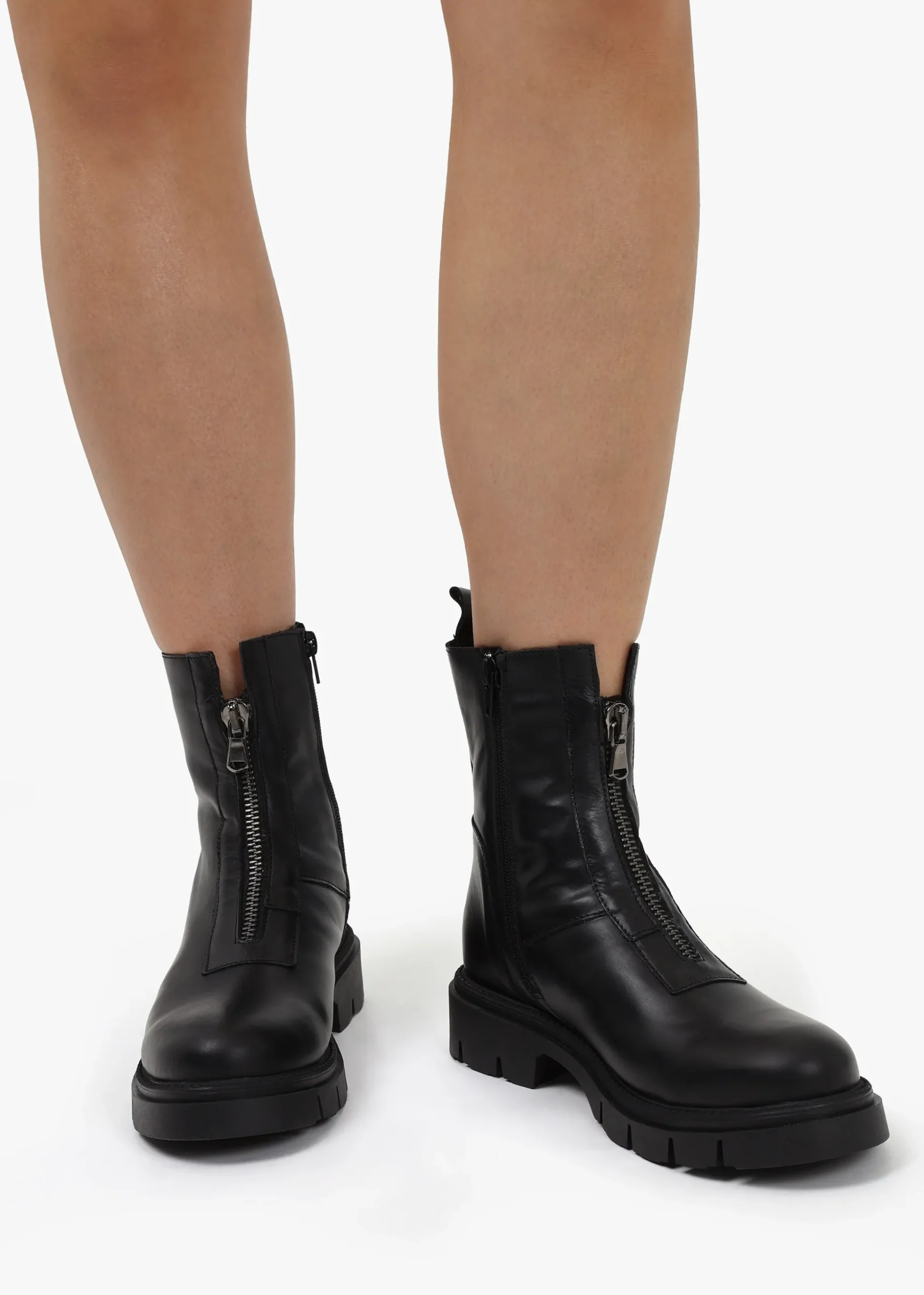 Lippy Black Leather Front Zip Ankle Boots