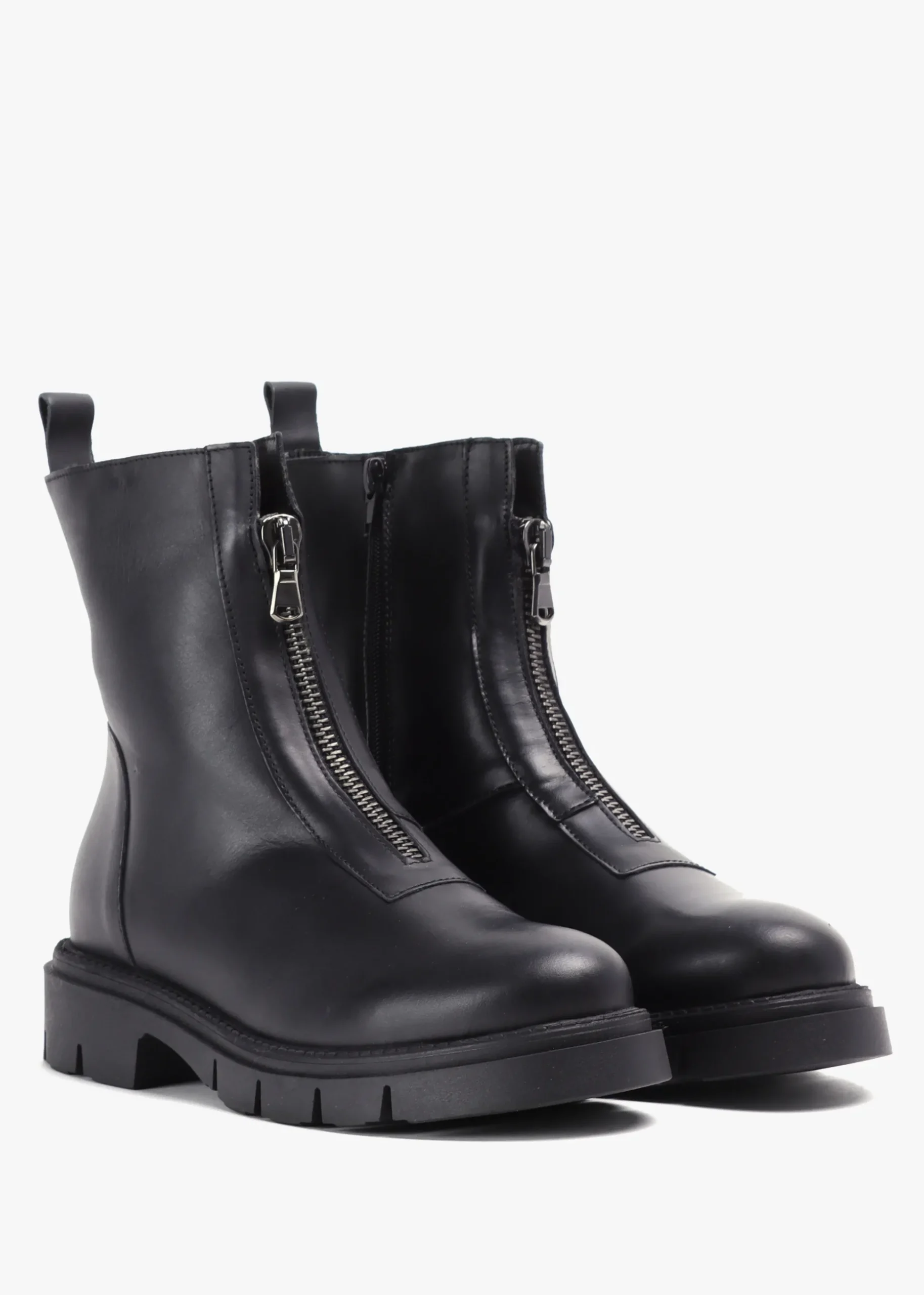 Lippy Black Leather Front Zip Ankle Boots
